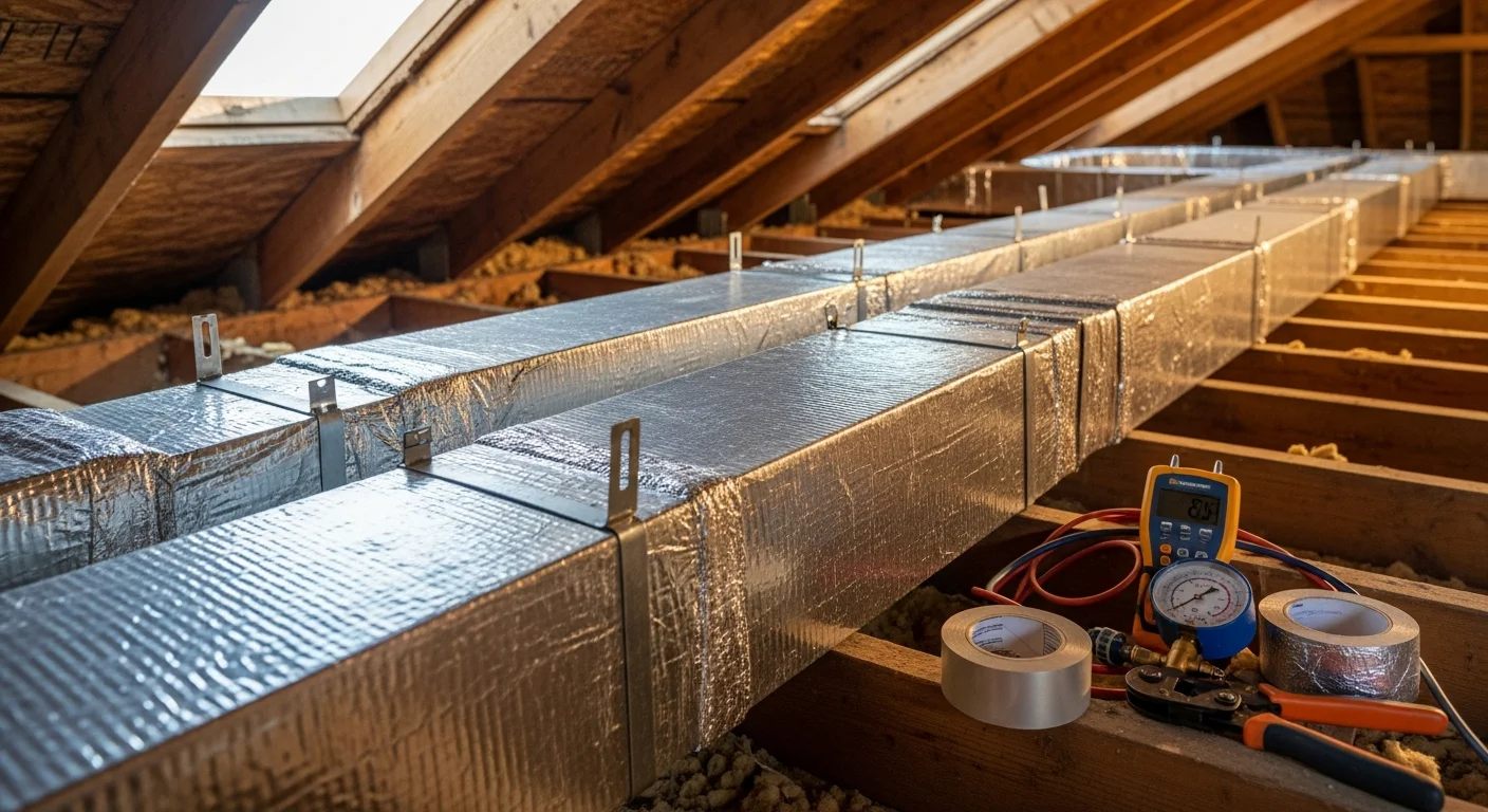 A technician installing new insulated ductwork in the attic of a single-story Santa Clara home. The image shows sealed duct runs connected to a central air handler, with old deteriorated flex duct removed and set aside.