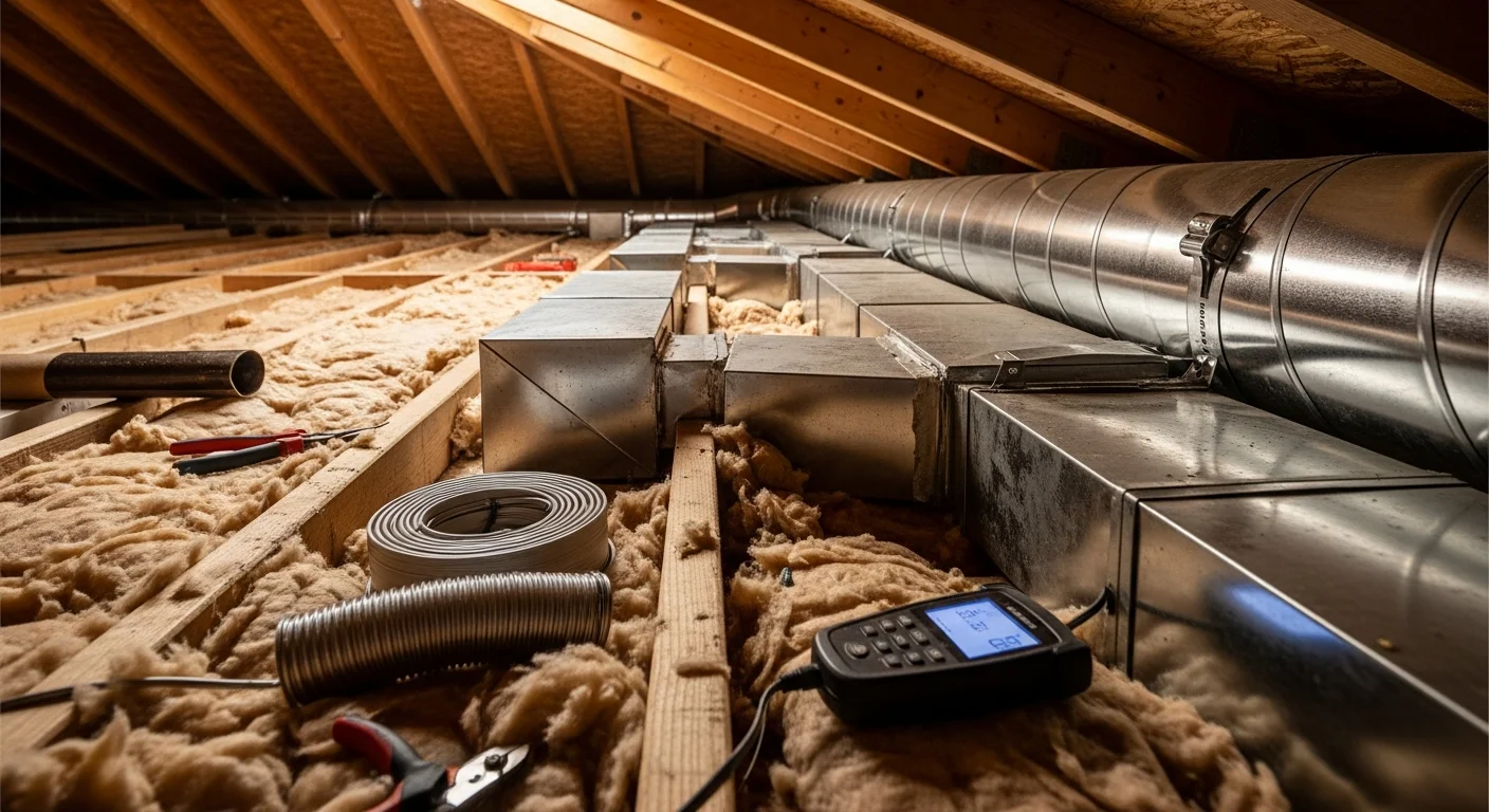 A Made Simple Heating & Air, Inc. technician installing new sheet metal ductwork in the attic of a single-story home in Santa Clara, California. Insulated supply ducts run from a central air handler toward ceiling registers in the living area below.