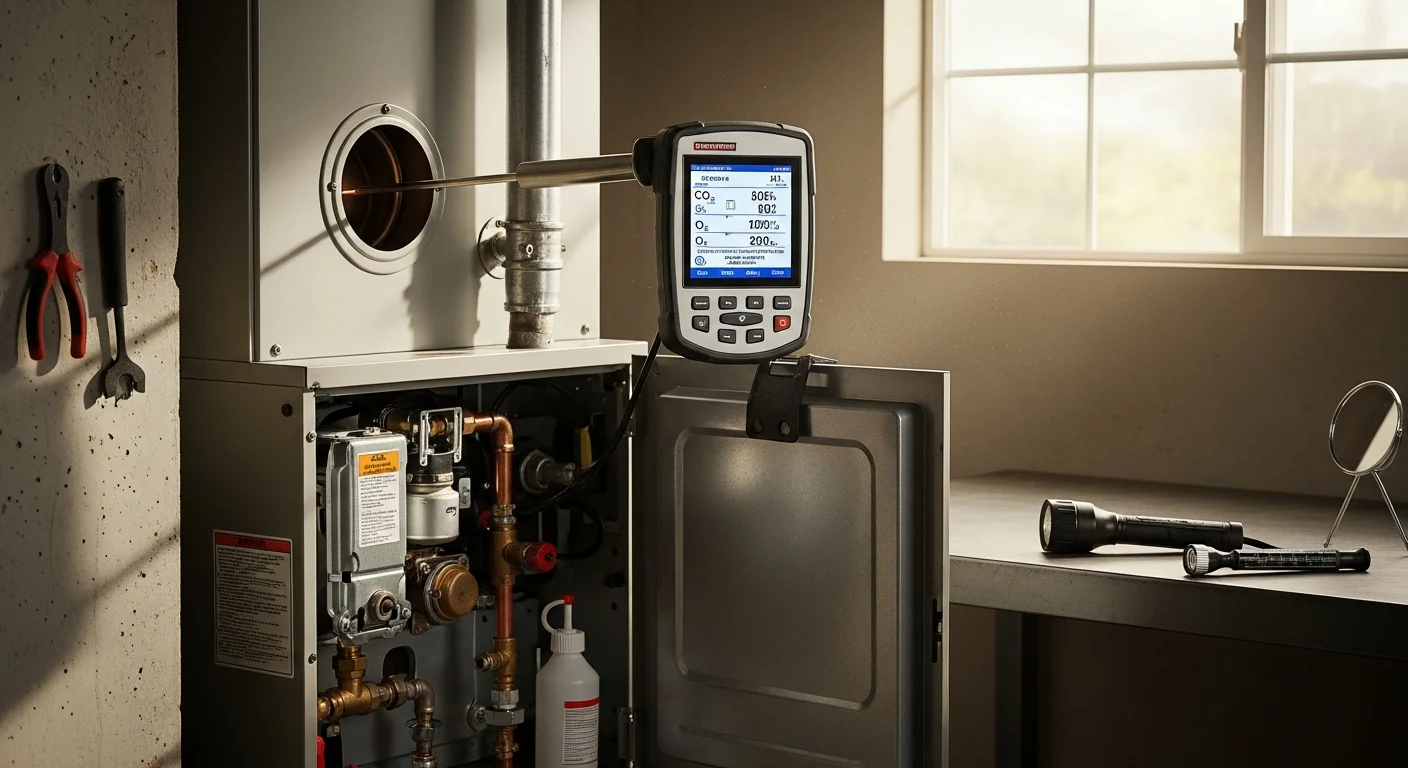 A furnace contractor from Made Simple Heating & Air, Inc. inspecting the heat exchanger and burner assembly of a residential gas furnace in a Santa Clara home. The technician reviews internal components with a flashlight during a professional furnace inspection.