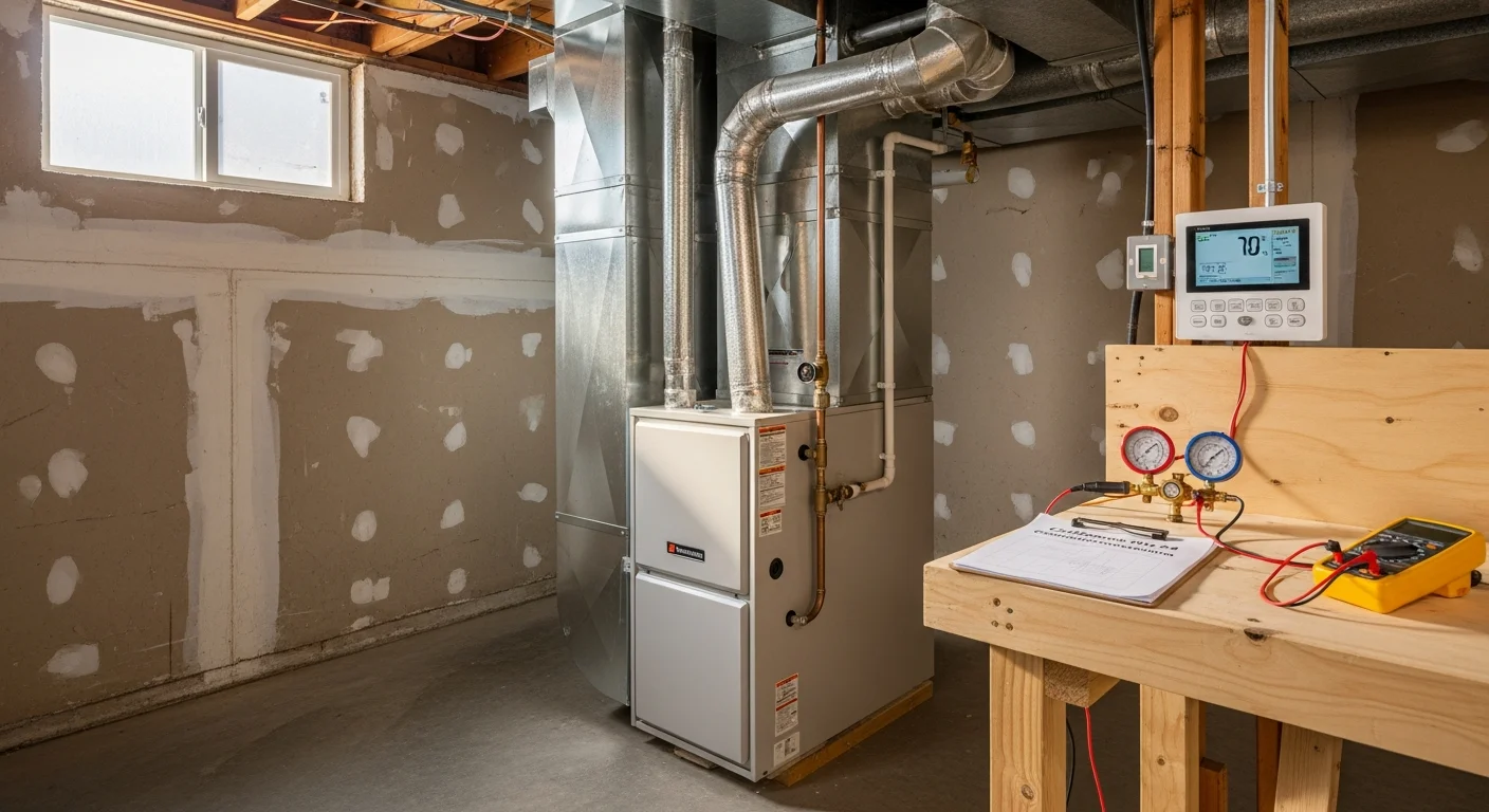 A newly installed furnace unit inside a Santa Clara home utility closet, with clean ductwork connections and a visible City of Santa Clara inspection tag on the equipment.