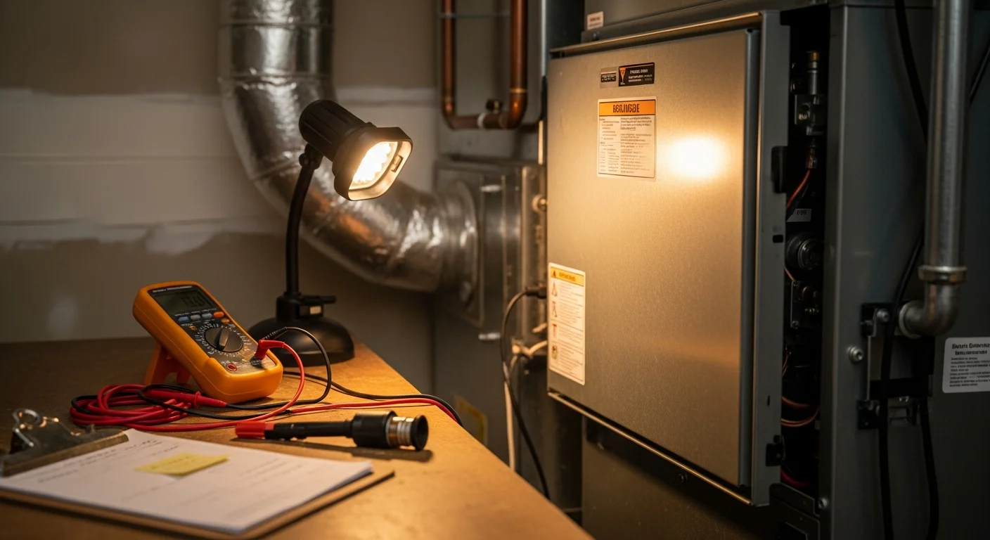 A furnace technician from Made Simple Heating & Air, Inc. inspecting an open furnace unit inside a Santa Clara home. The technician checks internal components including the heat exchanger and ignitor during a repair service call.