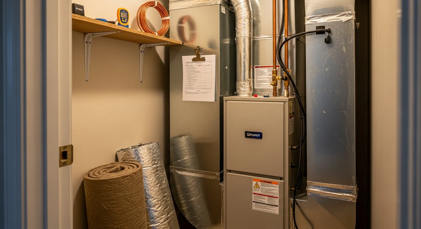 A newly installed high-efficiency furnace inside a utility closet of a Santa Clara home, with clean venting connections and updated ductwork visible. A Made Simple Heating & Air, Inc. technician inspects the system after installation.