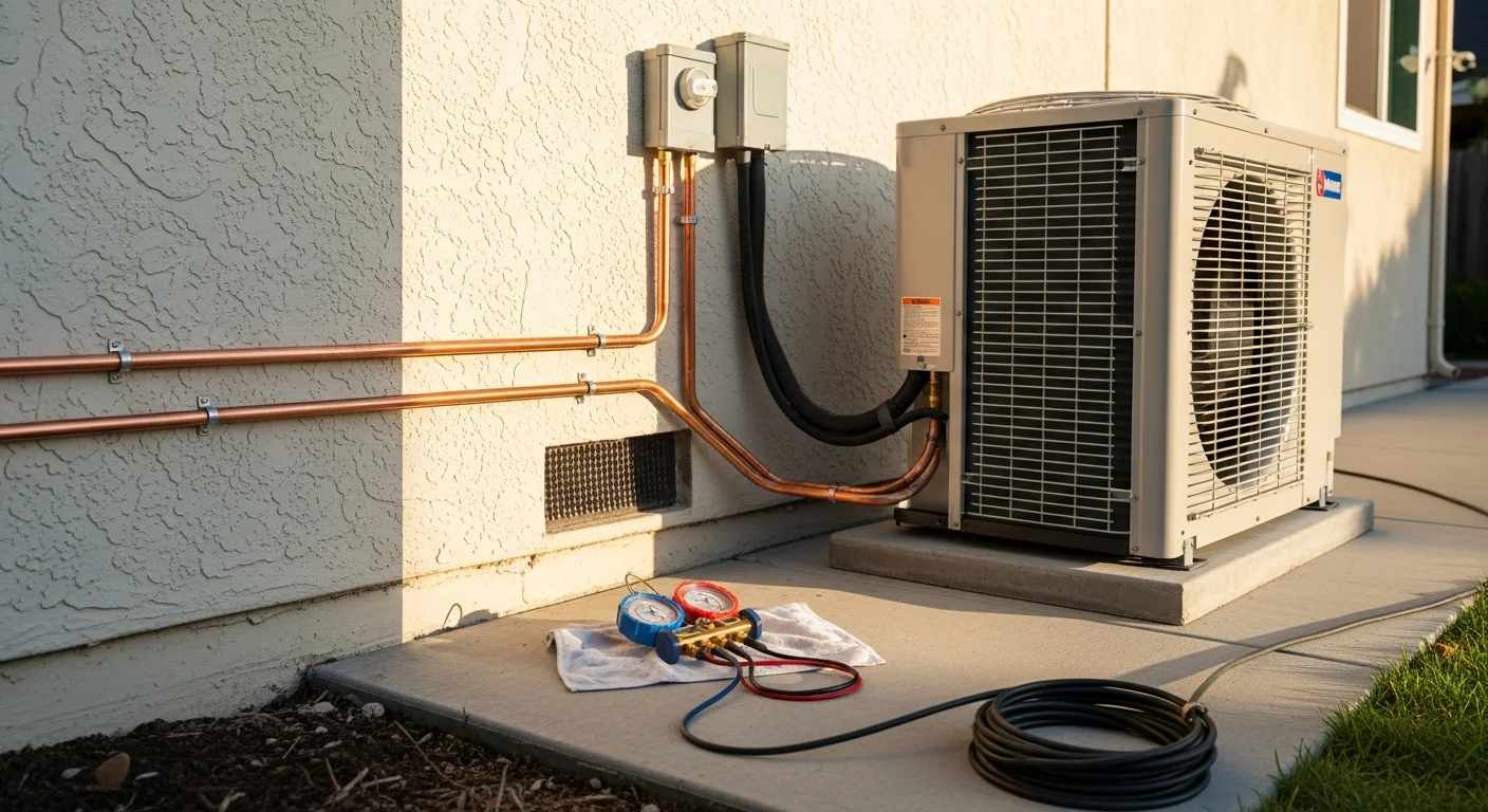 A newly installed heat pump outdoor unit positioned on a concrete pad beside a single-family home in Santa Clara, California. A technician in a company uniform checks the electrical connections on the unit.