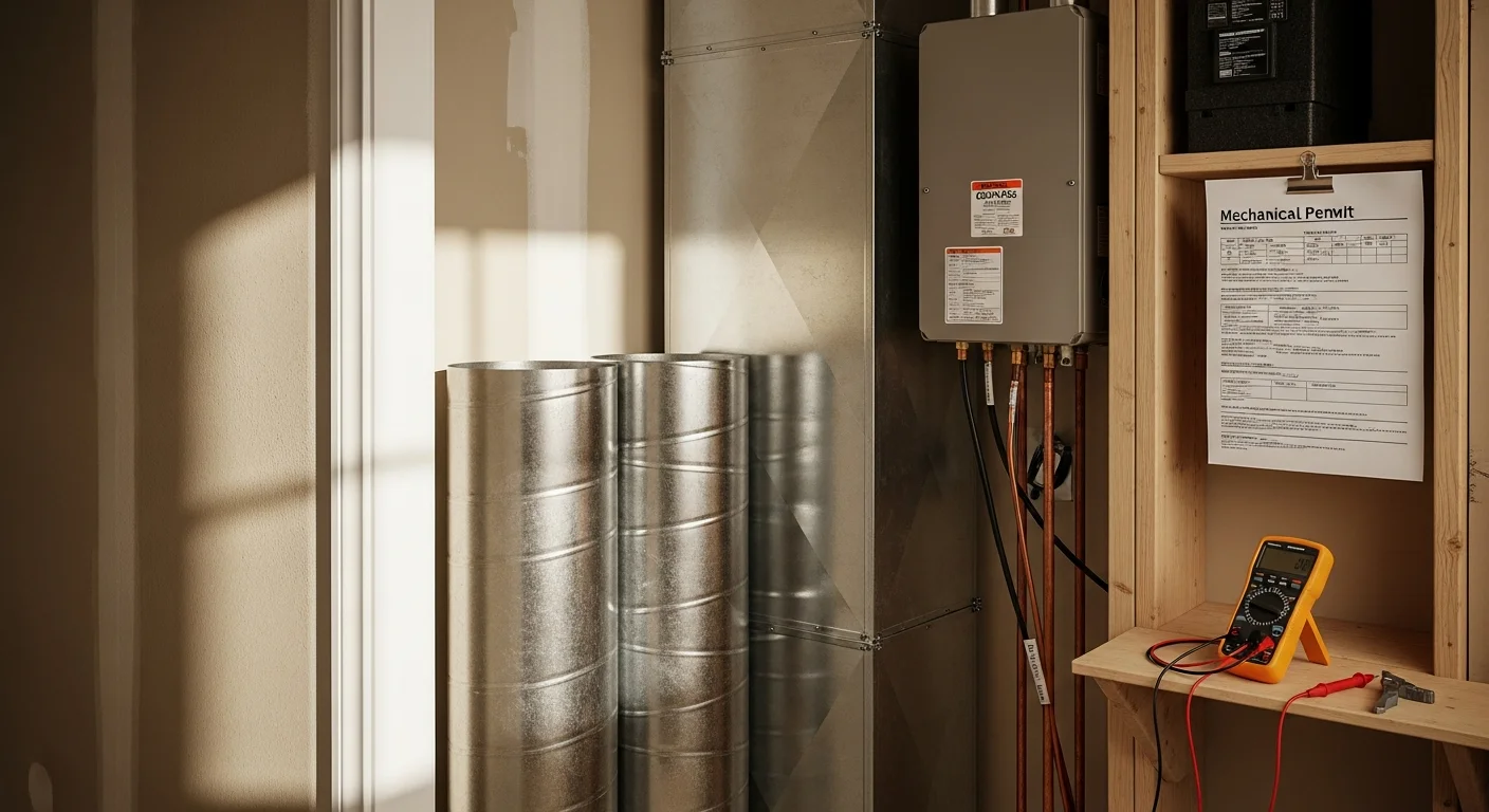A newly installed HVAC system on the side of a single-story residential home in Santa Clara, California, with clean copper line sets and a properly mounted outdoor condenser unit. A technician in a work uniform reviews the installation against a suburban neighborhood backdrop.