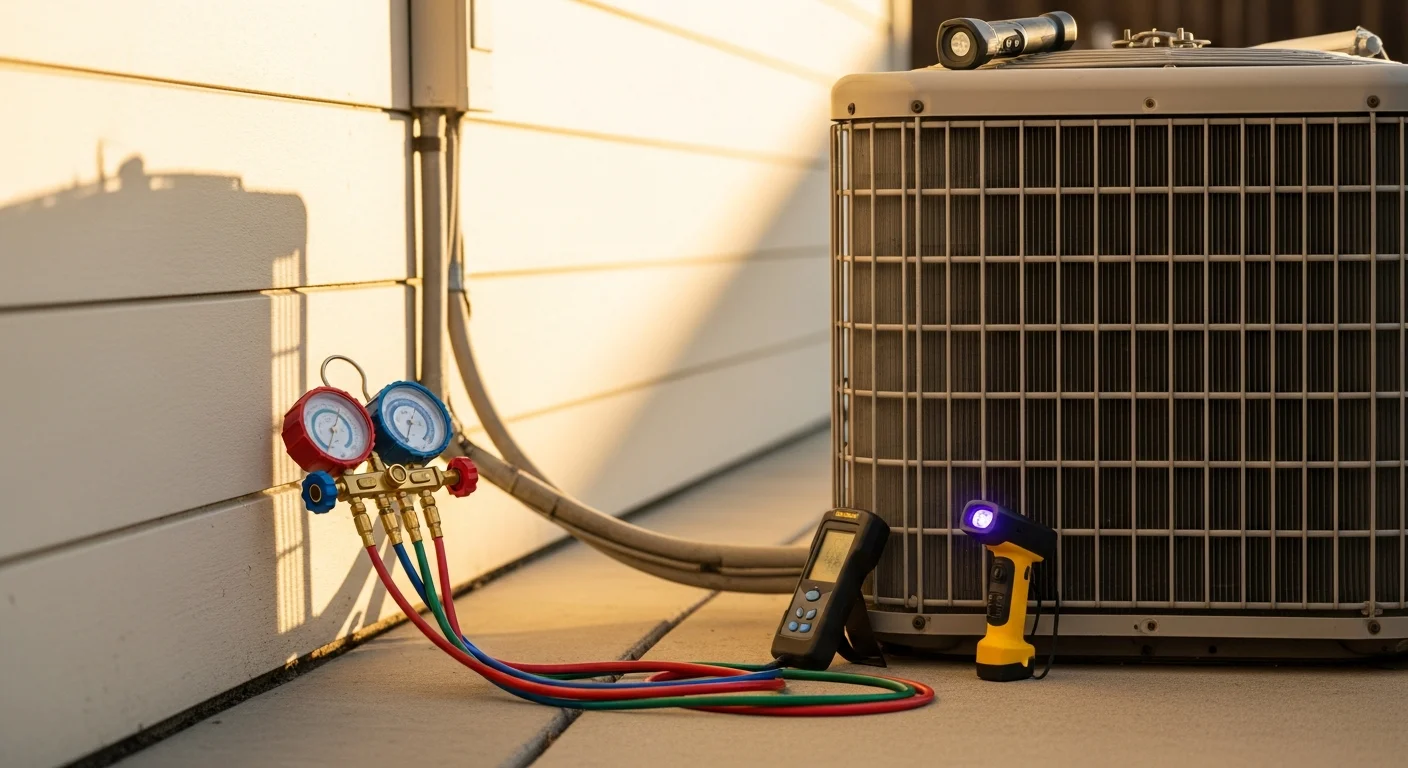 A certified HVAC technician using an electronic leak detector on the refrigerant lines of a residential air conditioning unit in Santa Clara, CA. The outdoor condenser unit is visible in the background against a typical single-family home.